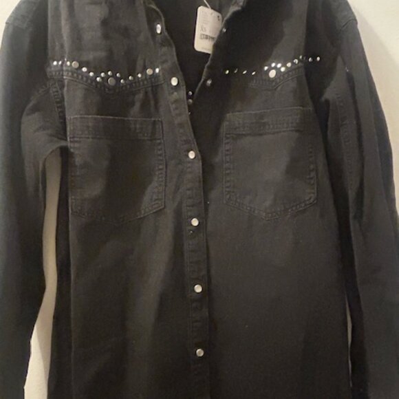 Free People We The Free Sleek Black Denim Silver Studded Distressed Dress NEW - Picture 9 of 16